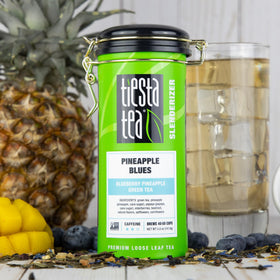 Tiesta Tea Blueberry Pineapple Green Tea leaves close-up highlighting freshness
