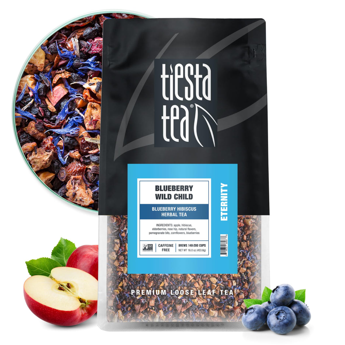 Tiesta Tea Blueberry Wild Child bulk pouch keeps tea fresh for up to 200 servings.
