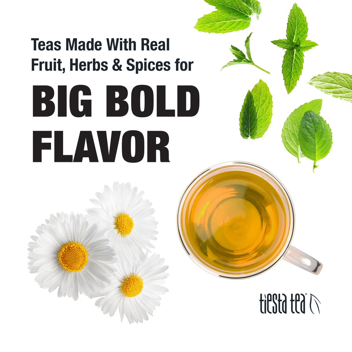 Tiesta Tea Chamomile Mint served hot or iced in a glass.