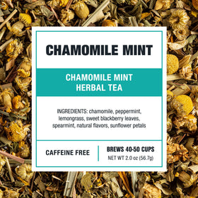 Tiesta Tea Chamomile Mint loose leaves arranged, signaling a calming aroma.