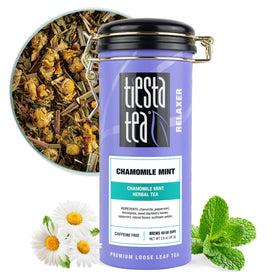 Tiesta Tea Chamomile Mint packaging showcases premium loose leaf blend.