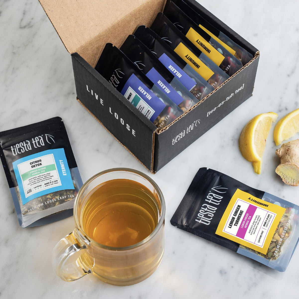 Tiesta Tea Chamomile Mint pouch suggests calming herbal blend for late-day rituals.