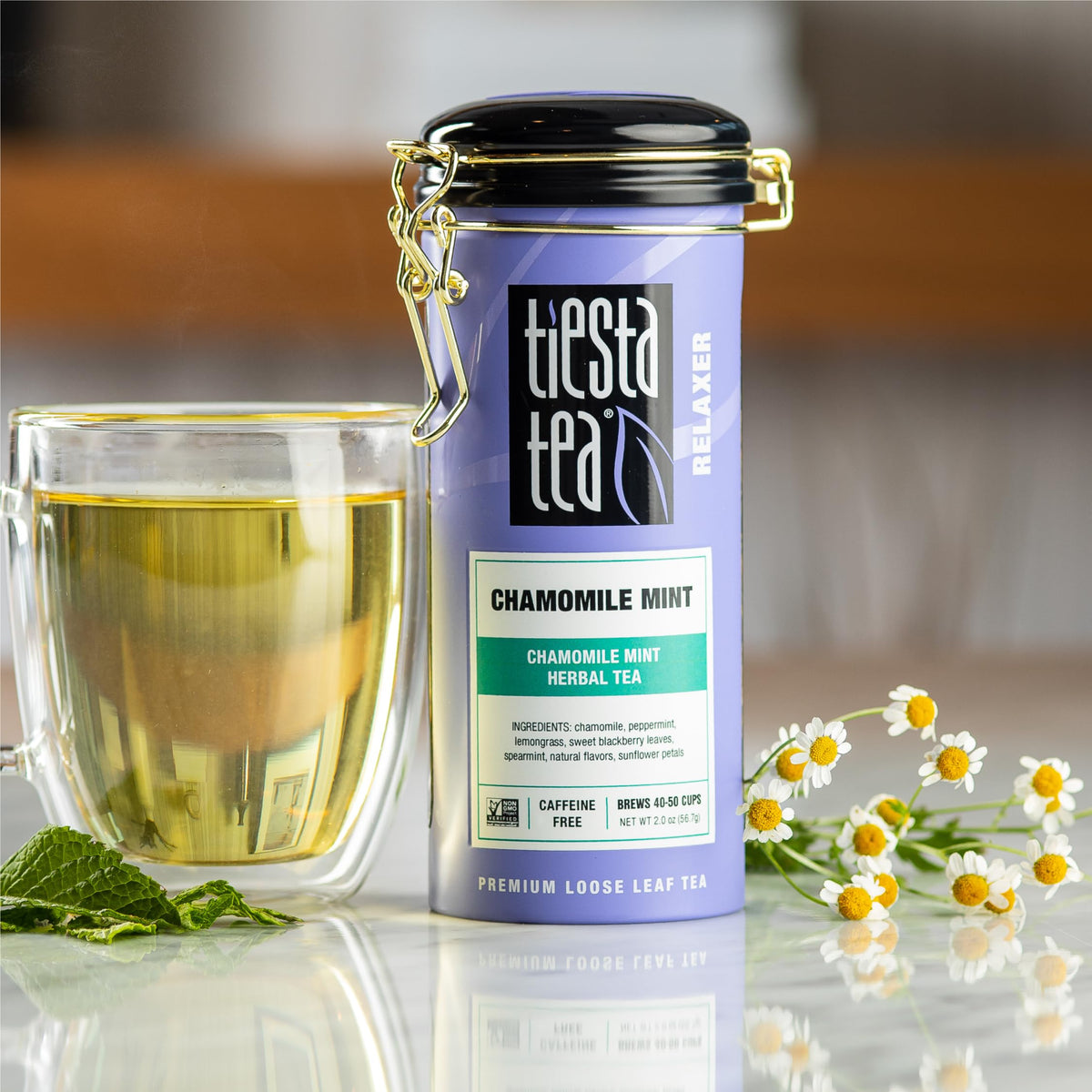 Tiesta Tea Chamomile Mint reusable tin highlights airtight storage for freshness.