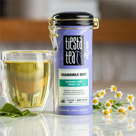 Tiesta Tea Chamomile Mint reusable tin highlights airtight storage for freshness.