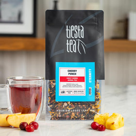 Tiesta Tea Cherry Punch fruit hibiscus close-up highlighting vibrant, refreshing aroma