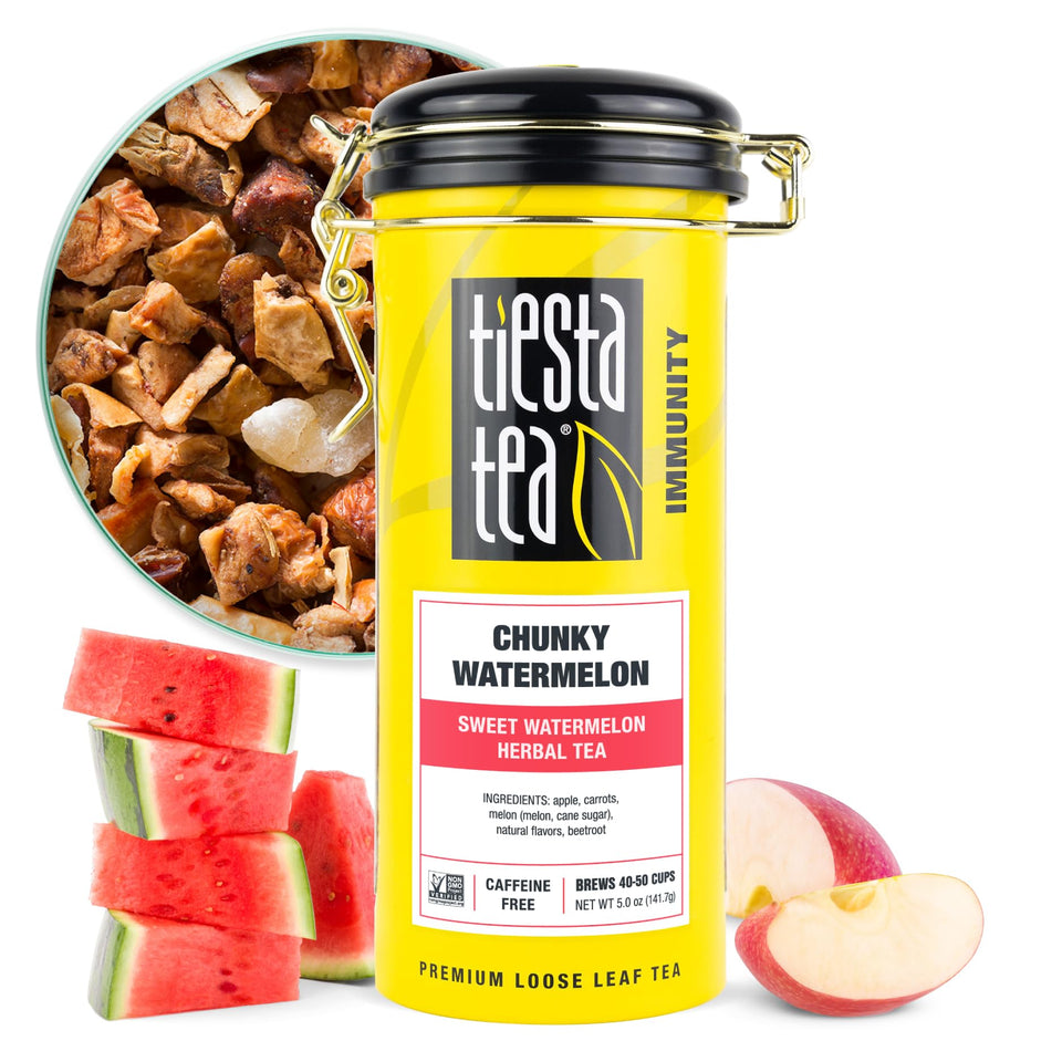 Tiesta Tea Chunky Watermelon loose-leaf blend shown with fruit pieces for caffeine-free tea