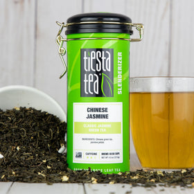 Tiesta Tea Classic Jasmine green tea leaves close-up ready to brew hot or iced