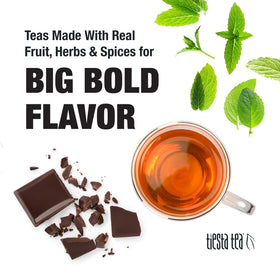 Rooibos, cocoa, and peppermint ingredients blend for chocolate-mint flavor