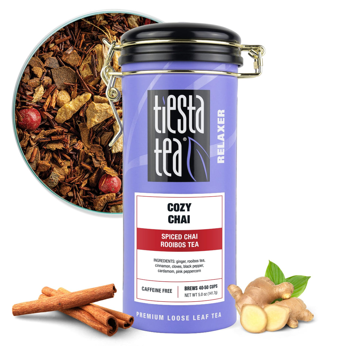Tiesta Tea Cozy Chai Rooibos tin on counter with airtight storage for freshness.