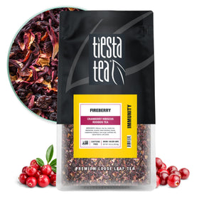 Tiesta Tea cranberry hibiscus rooibos pouch front showing resealable freshness for flavor