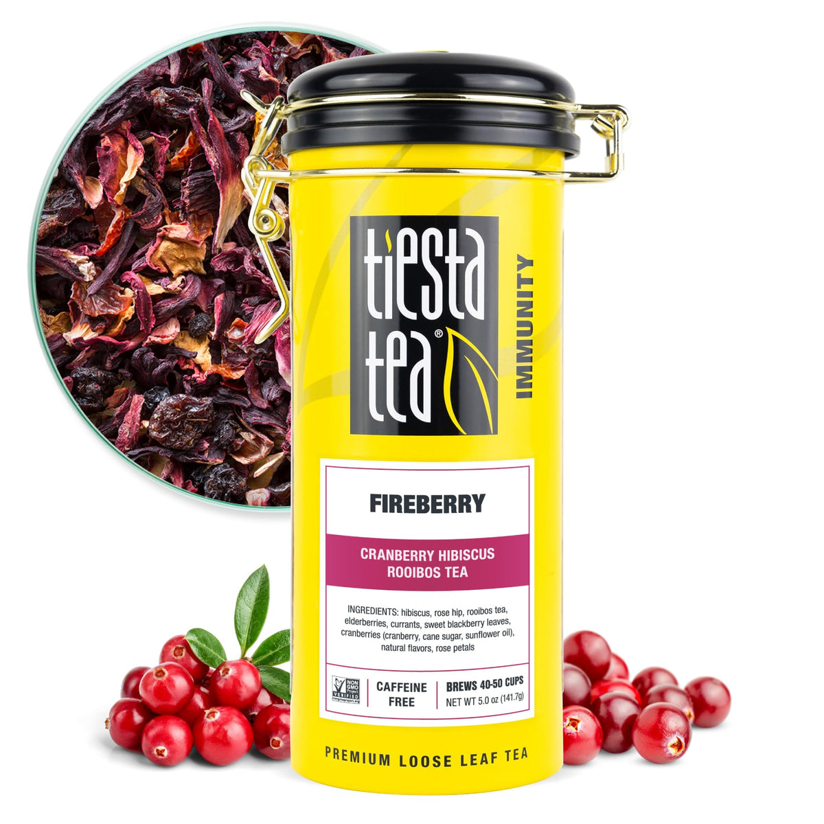 Tiesta Tea Cranberry Hibiscus Rooibos tea bottle pour, showcasing bold color