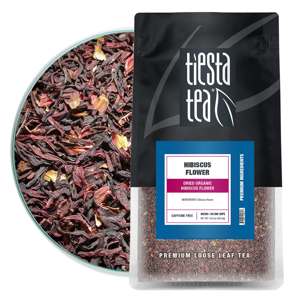 Tiesta Tea dried hibiscus blooms close-up for vibrant herbal tea