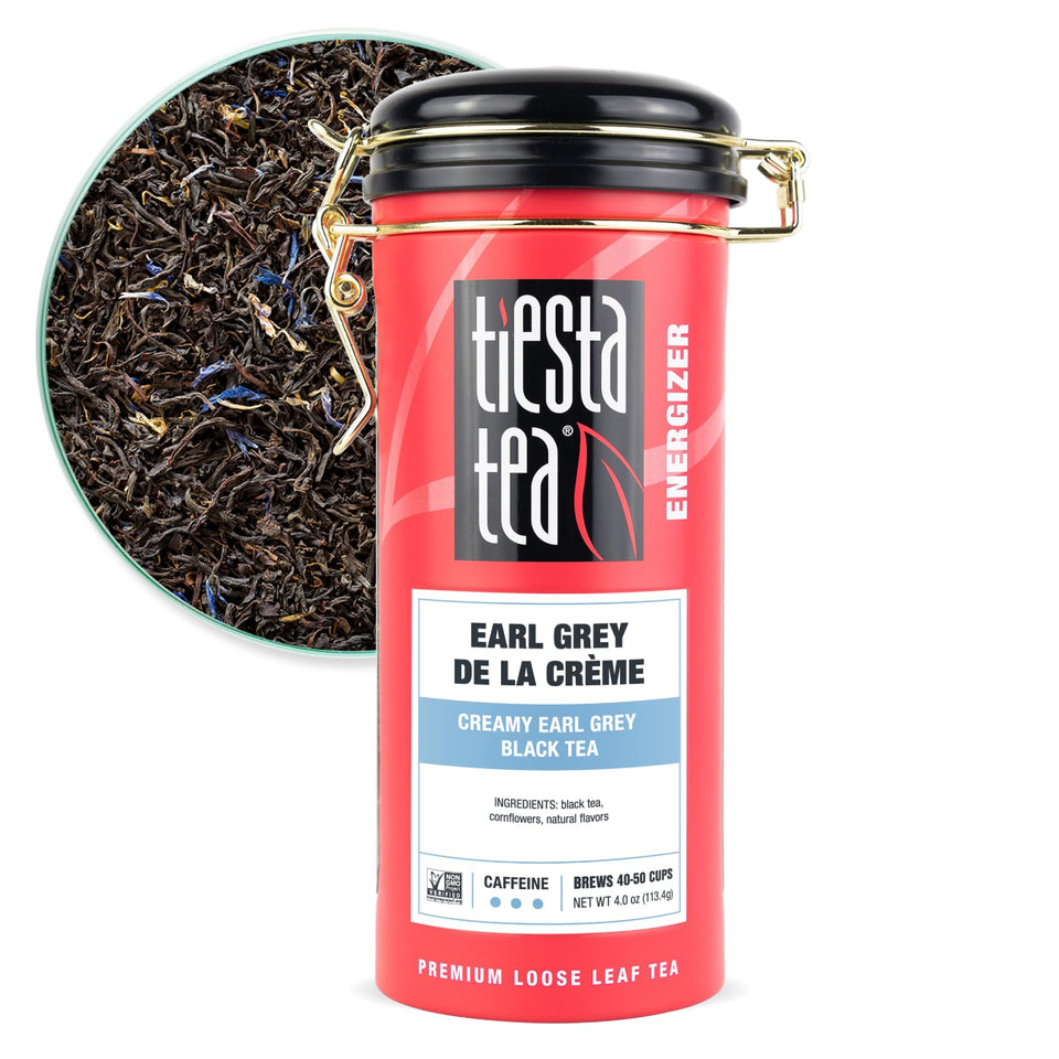 Tiesta Tea Earl Grey Creamy tin open, premium loose leaf.