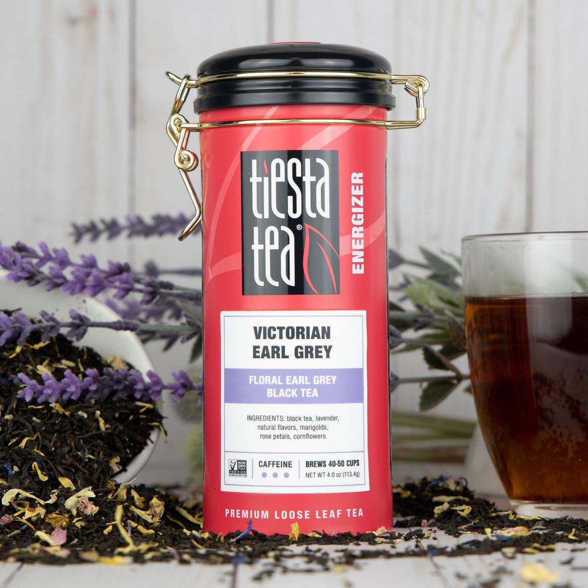 Tiesta Tea Floral Earl Grey loose leaf shows lavender and rose petals for fragrance.