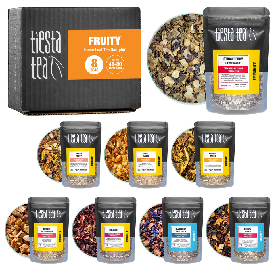 Tiesta Tea Fruity Sampler Dry Flight Set for hot or iced caffeine-free fruit teas.