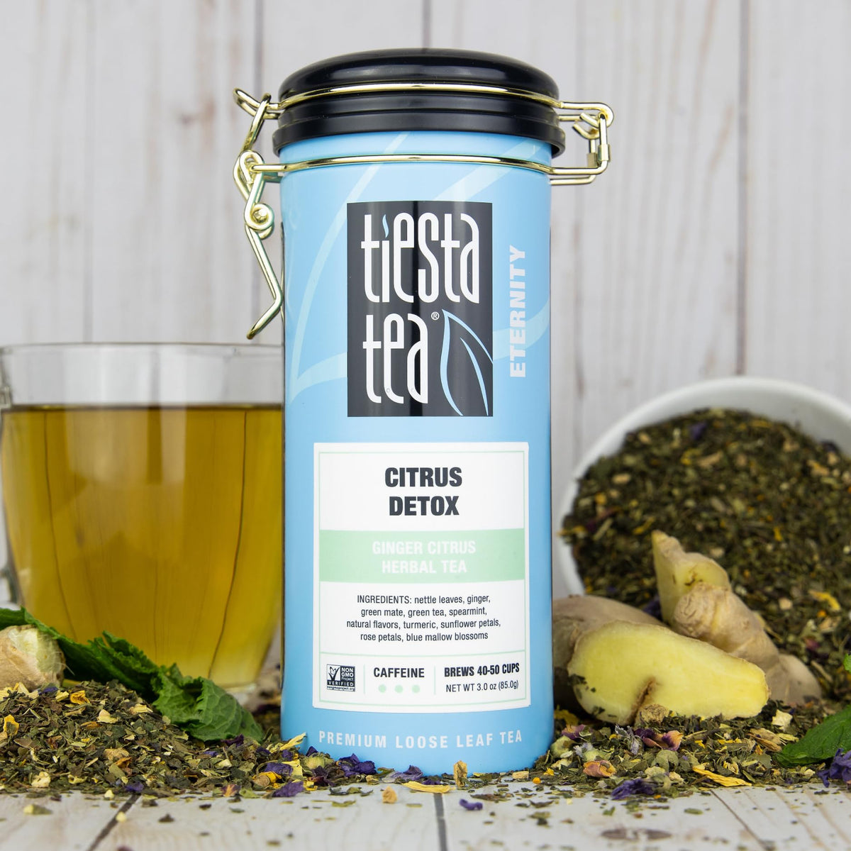 Tiesta Tea Ginger Citrus Herbal steeping cup shows bold ginger and citrus notes