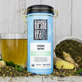 Tiesta Tea Ginger Citrus Herbal steeping cup shows bold ginger and citrus notes