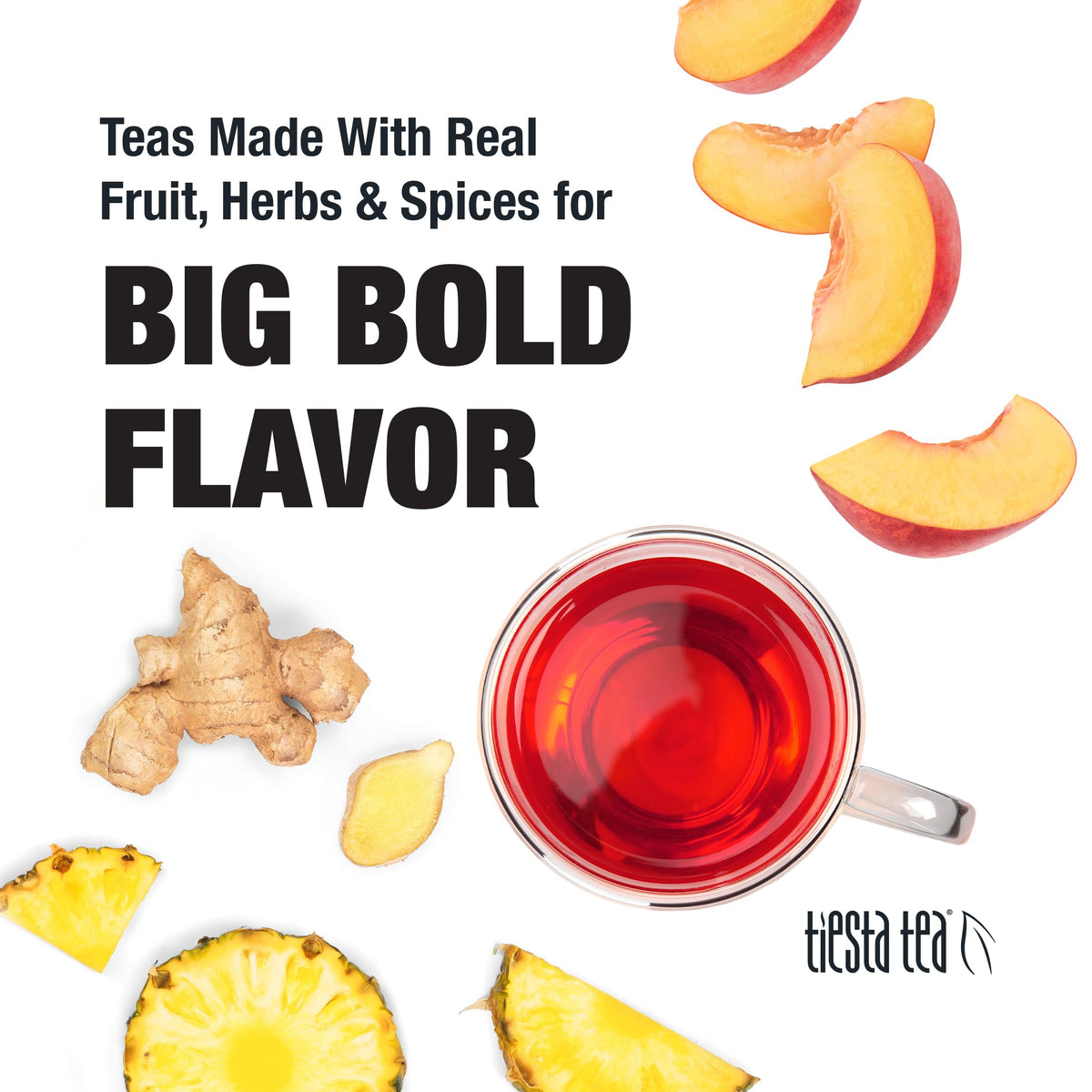Tiesta Tea Ginger Sweet Peach hot brew image demonstrates easy 5-7 minute steep.