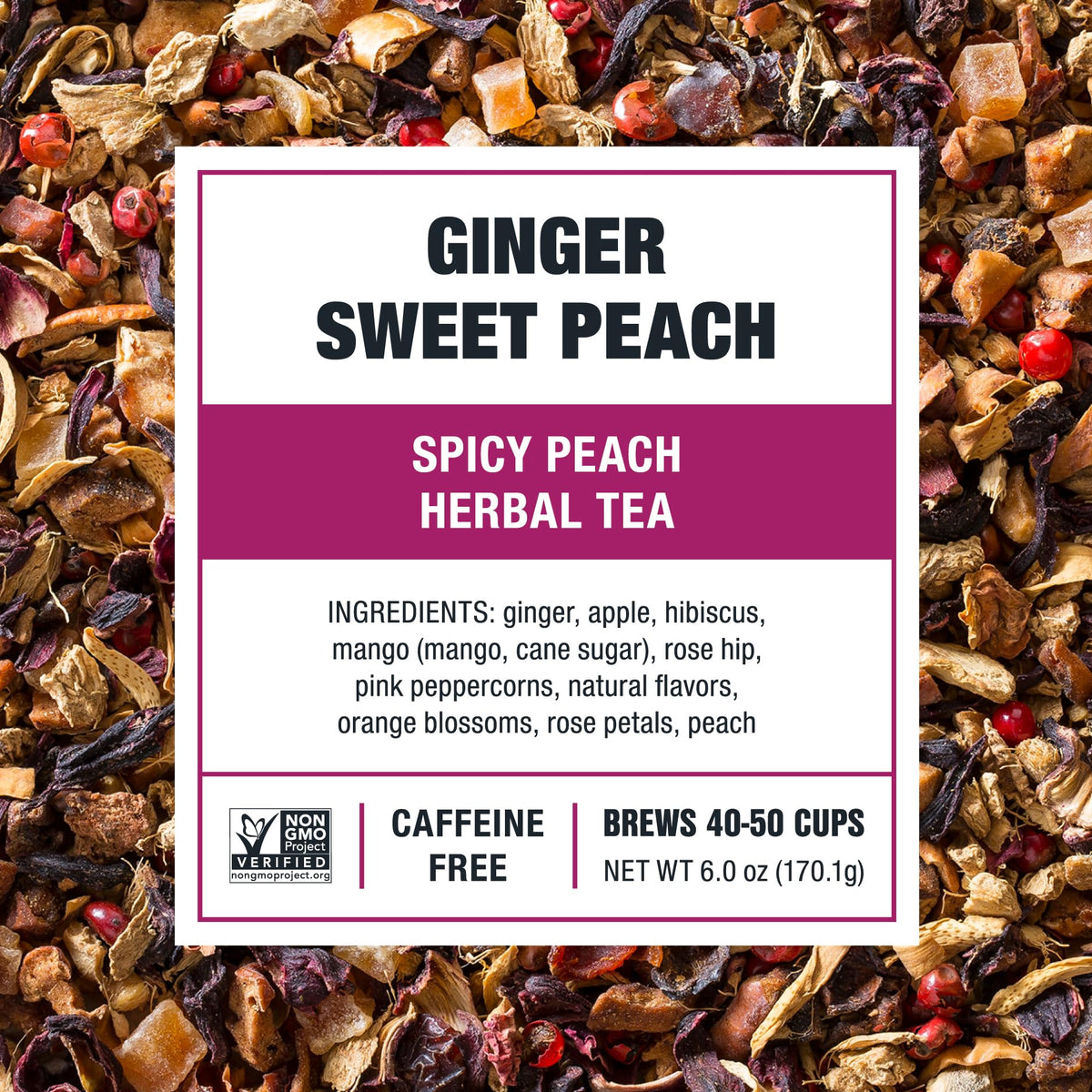 Tiesta Tea Ginger Sweet Peach ingredients hibiscus closeup reveals vibrant color for refreshing iced tea.