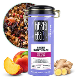 Tiesta Tea Ginger Sweet Peach tin front shows inviting aroma for cozy evenings.