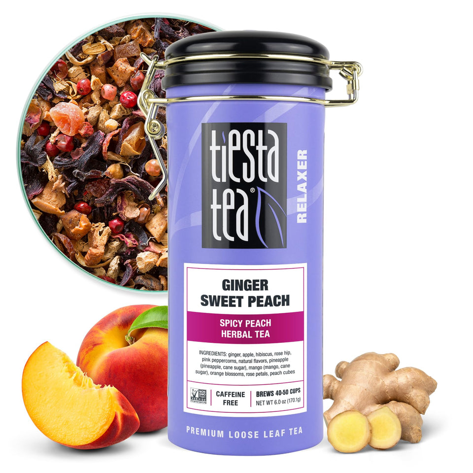 Tiesta Tea Ginger Sweet Peach tin front shows inviting aroma for cozy evenings.