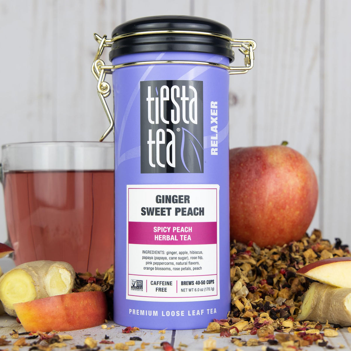 Tiesta Tea Ginger Sweet Peach tin side highlights premium packaging for lasting freshness.