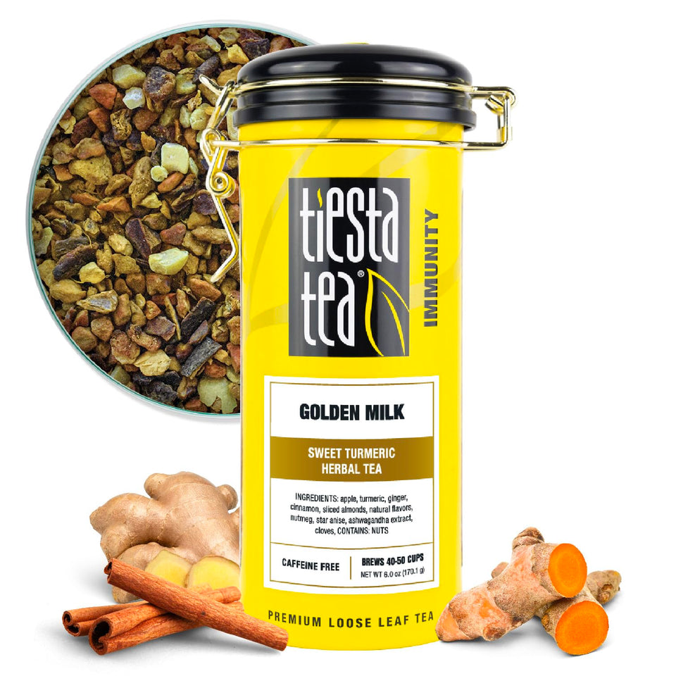 Tiesta Tea Golden Milk loose leaf brew, rich and inviting for cozy evenings