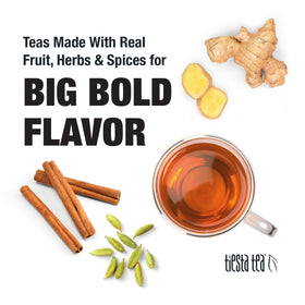 Tiesta Tea Cozy Chai Rooibos iced tea poured in glass, refreshing.