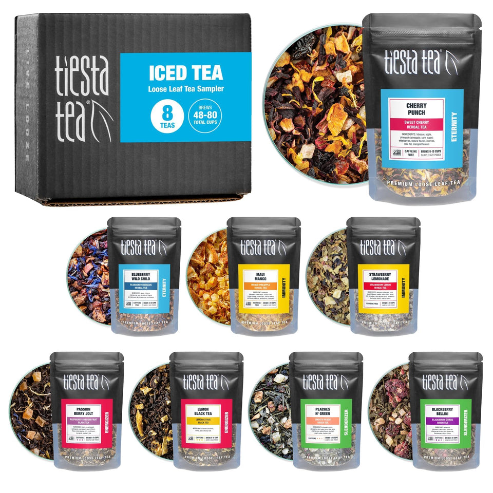 Tiesta Tea iced tea sampler dry flight set ready for refreshing cold brews.