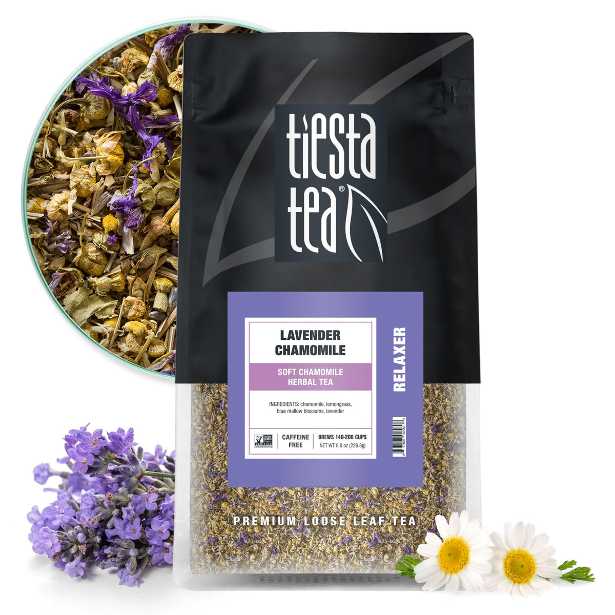 Tiesta Tea Lavender Chamomile loose leaf bulk with petals and leaves, inviting calming aroma.