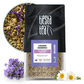 Tiesta Tea Lavender Chamomile loose leaf bulk with petals and leaves, inviting calming aroma.