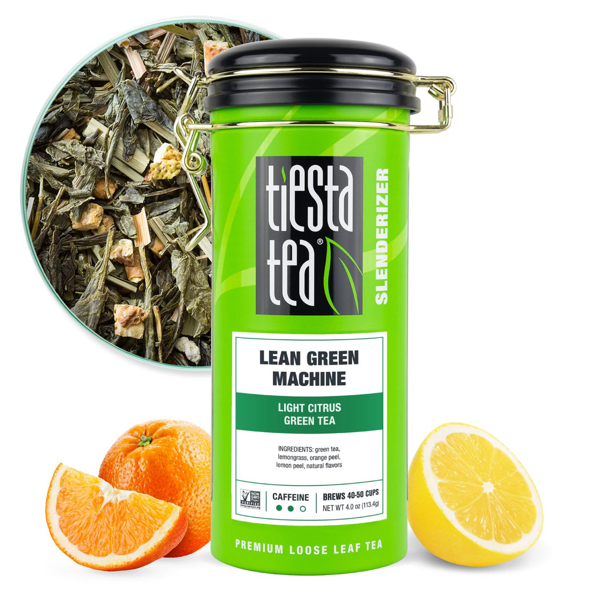 Tiesta Tea Lean Green Machine bottle pour shows citrus-infused green tea for an afternoon refreshment.