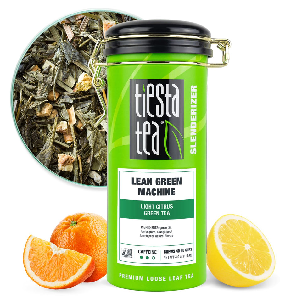 Tiesta Tea Lean Green Machine bottle pour shows citrus-infused green tea for an afternoon refreshment.