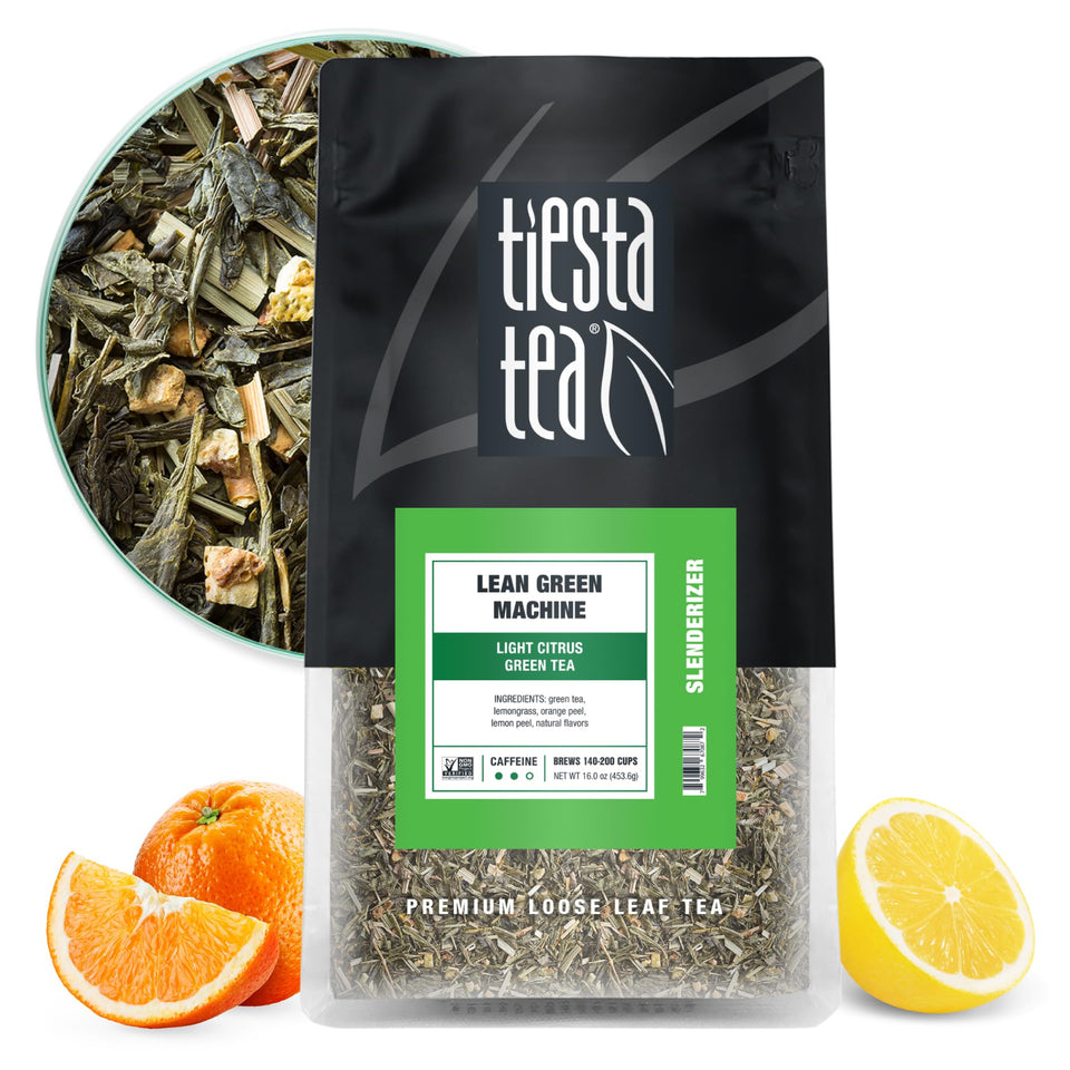 Tiesta Tea Lean Green Machine front pouch showcases premium loose leaf blend for everyday refreshment.