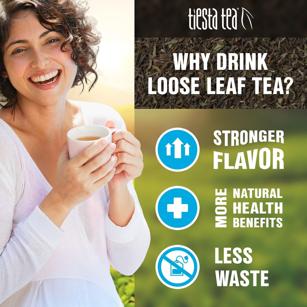Tiesta Tea Lean Green Machine green tea leaves closeup highlighting quality.