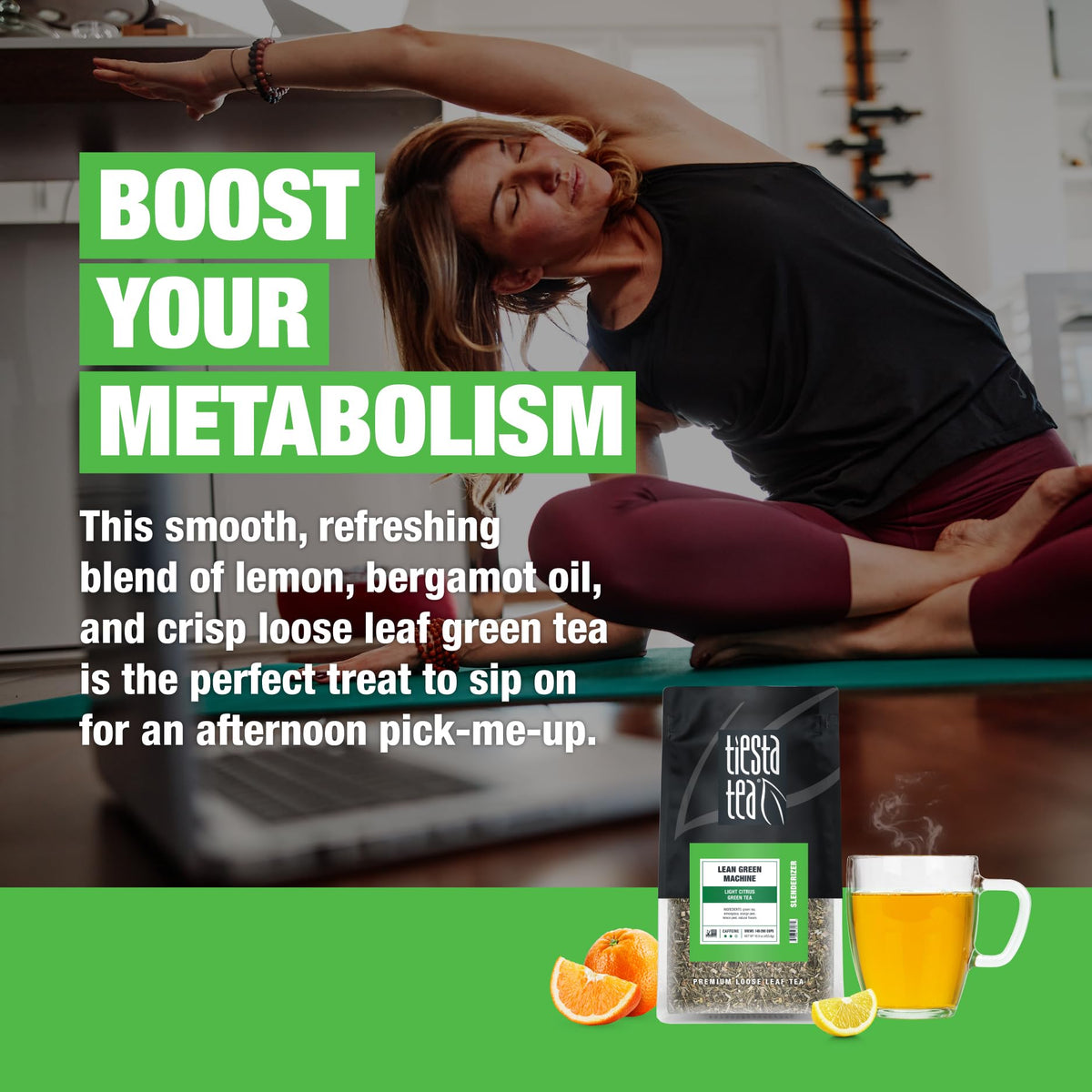 Tiesta Tea Lean Green Machine hot brew cup reveals light citrus green tea flavor.