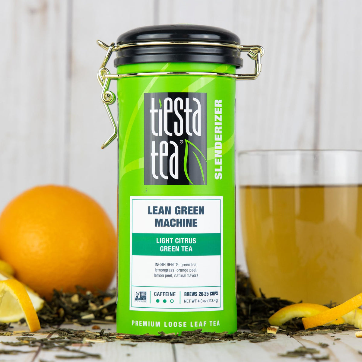 Tiesta Tea Lean Green Machine hot cup captures lemon aroma for a refreshing moment.