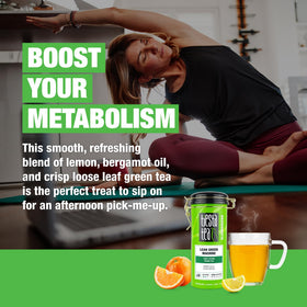 Tiesta Tea Lean Green Machine tin and leaves emphasize freshness and storage benefits.