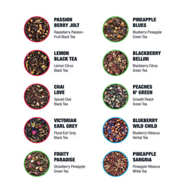Tiesta Tea loose-leaf blends close-up highlighting green, black, and herbal blends aroma.