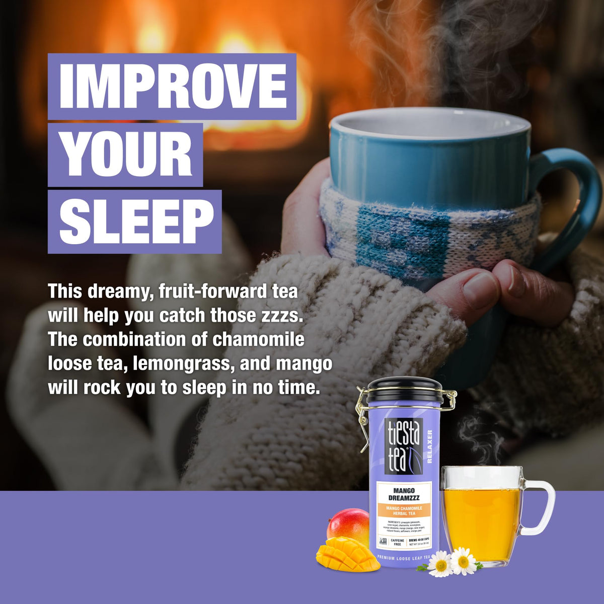 Tiesta Tea Mango Dreamzzz Chamomile cup hot brew with soothing aroma