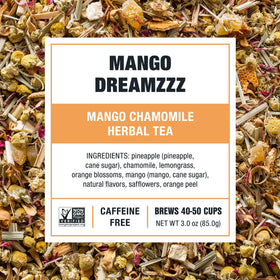 Tiesta Tea Mango Dreamzzz Chamomile loose leaf close up with vibrant mango and chamomile
