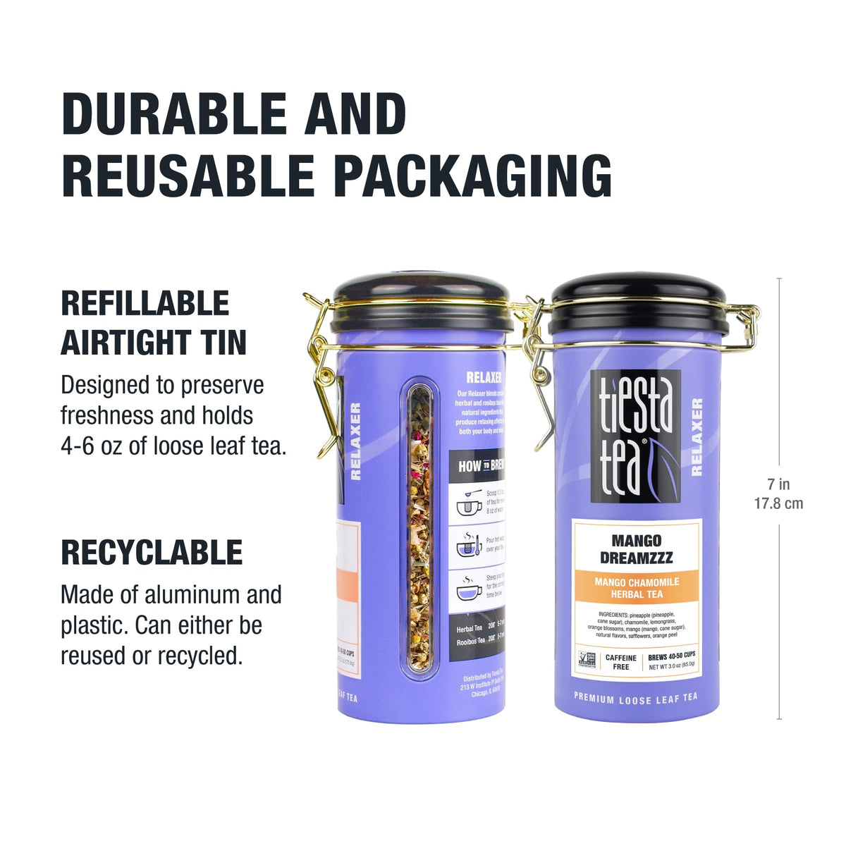 Tiesta Tea Mango Dreamzzz Chamomile refill tin keeps tea fresh up to 50 cups
