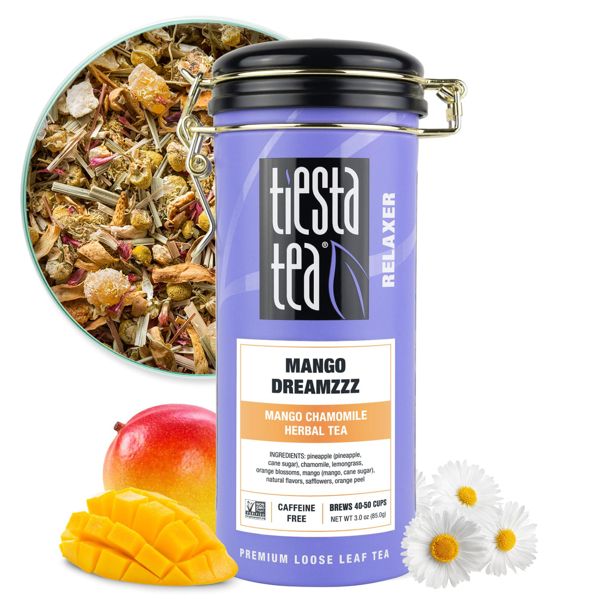 Tiesta Tea Mango Dreamzzz Chamomile tin front view, great for gifting and long-lasting flavor