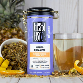 Tiesta Tea Mango Dreamzzz Chamomile tin label highlighting premium loose leaf quality