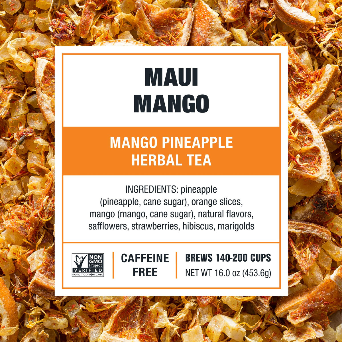 Maui Mango brew in a glass showcases refreshing fruit flavors from Tiesta Tea.