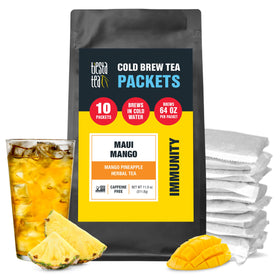 Tiesta Tea Maui Mango Cold Brew packets ready to steep for a 64 oz pitcher.