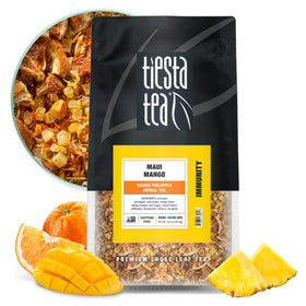 Tiesta Tea Maui Mango loose-leaf tea, caffeine-free tropical blend for hot or iced.