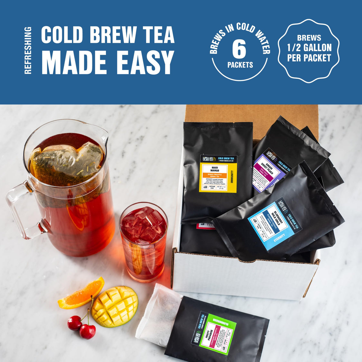 Tiesta Tea Maui Mango blend in a pre-measured packet, ideal for quick cold brew.