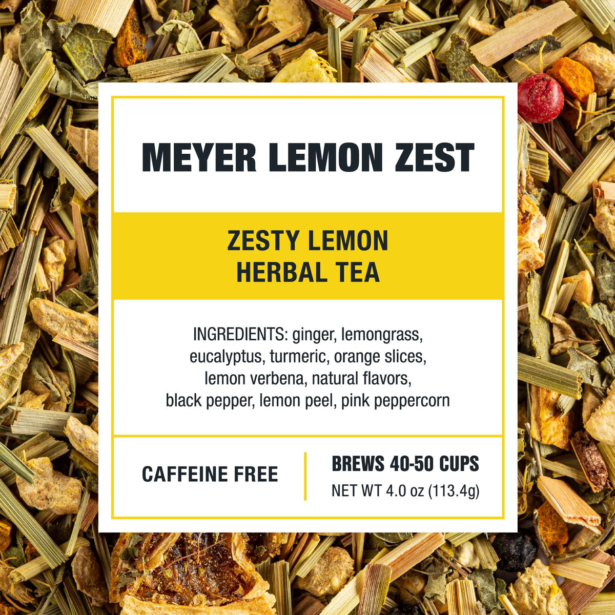 Tiesta Tea Meyer Lemon Zest with ginger and eucalyptus visual highlights soothing aroma