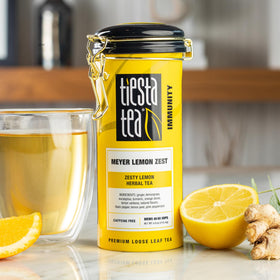Tiesta Tea Meyer Lemon Zest loose leaf display emphasizes natural ingredients and fragrance